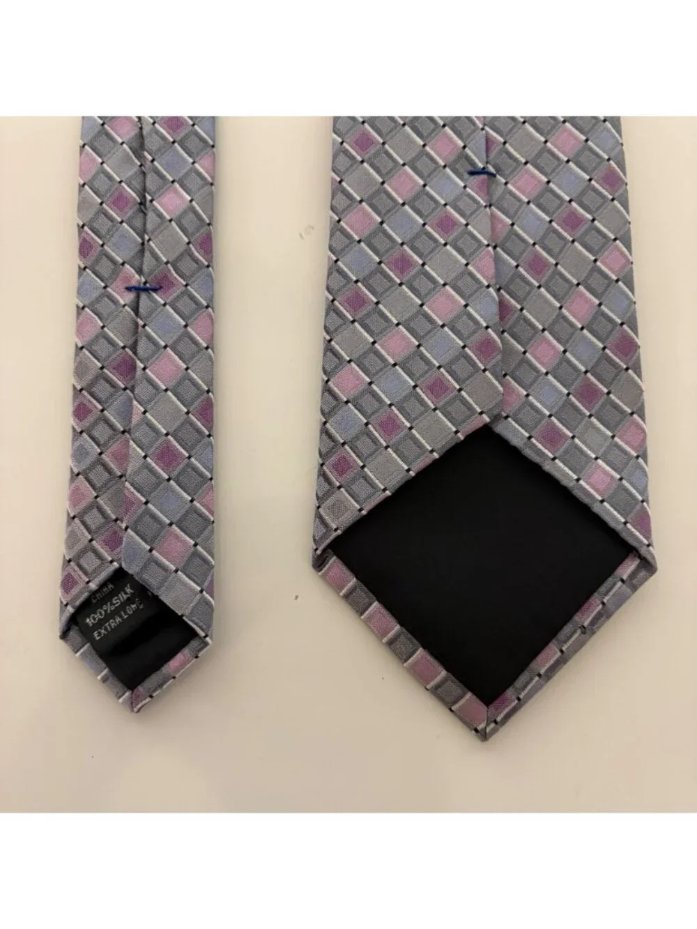 Kenneth Cole Silk Extra Long Tie Gray Pink Geometric Mens Necktie Office Formal